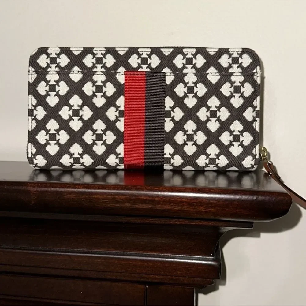 kate spade Brown Ivory Spade Print Red Brown Stripe Wallet